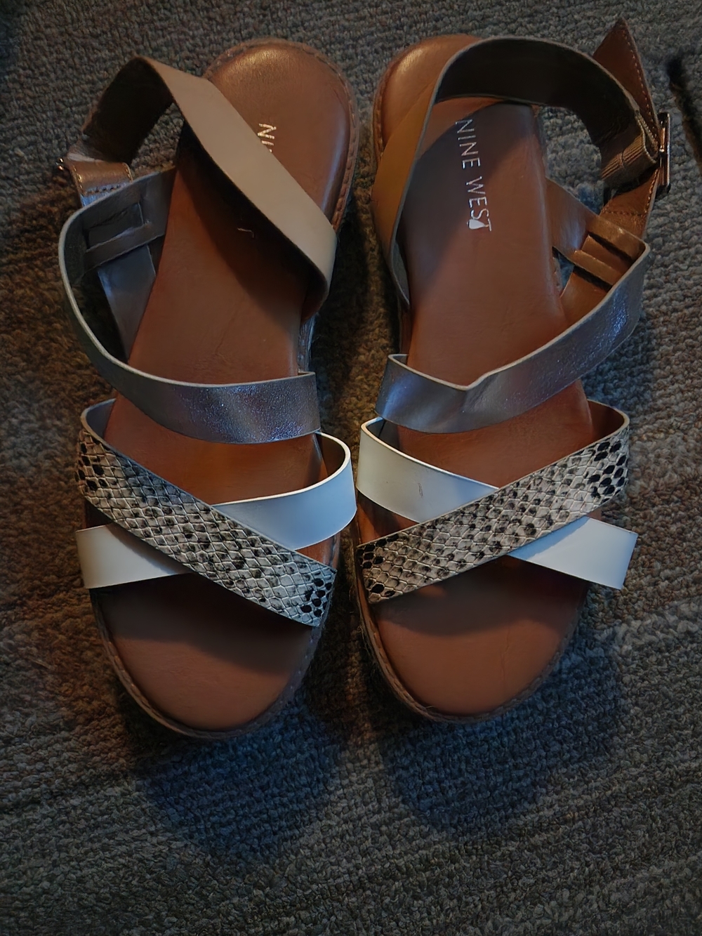 Nine West Women’s Brown, White & Snake-Print Strappy Sandals Size 7.5